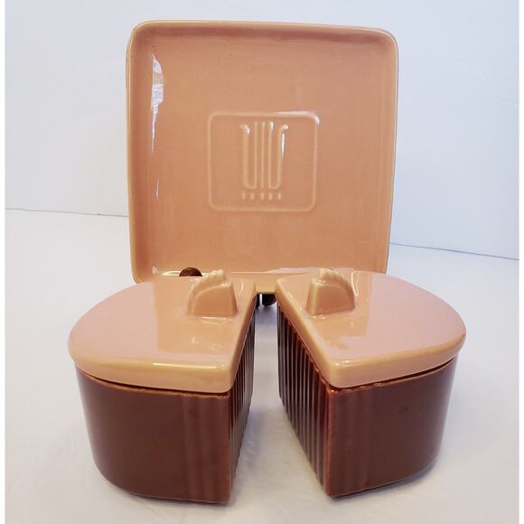 Vintage Art Deco Franciscan Ware Condiment Jars w/ Lids Underplate Pink & Maroon - Picture 1 of 13